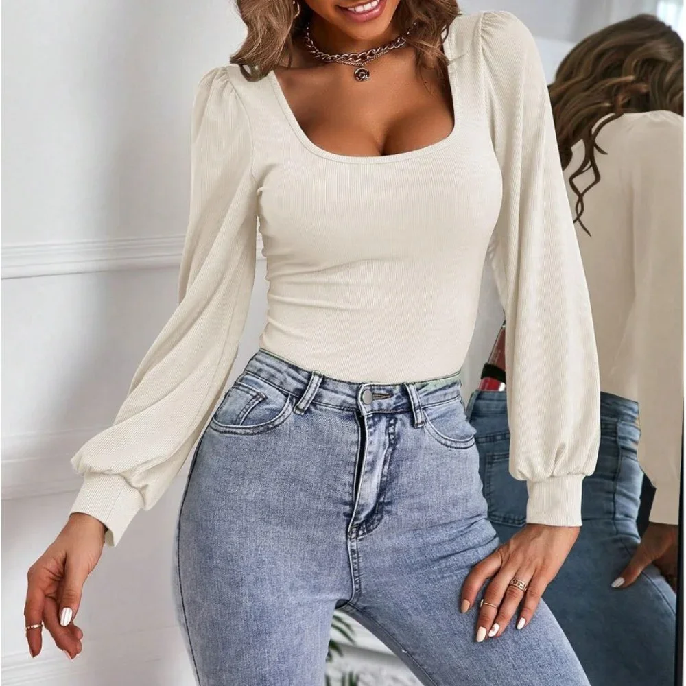 White Scoop Neck Rib Knit Lantern Sleeve Tee - Picture 3 of 7